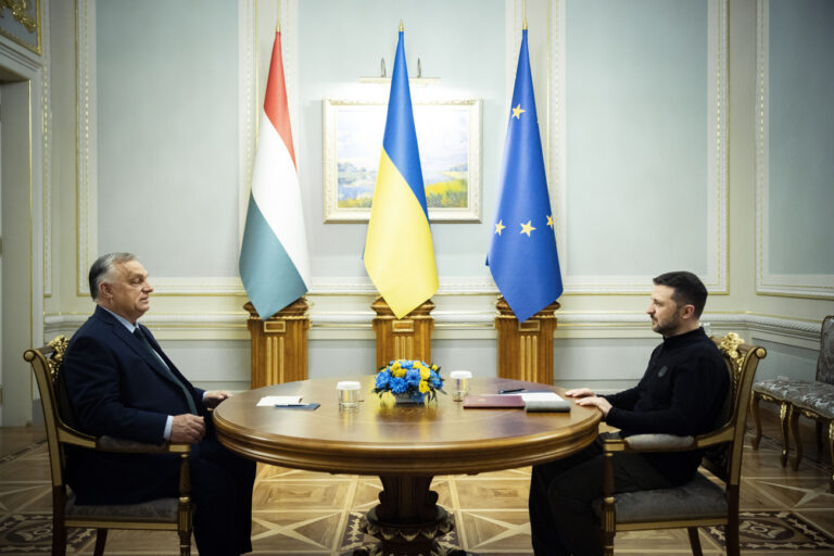 In this photo issued by the Hungarian PM's Press Office Ukrainian President Volodymyr Zelenskyy, right, and Hungarian Prime Minister Viktor Orban hold a meeting in Kyiv, Ukraine, Tuesday, July 2, 2024. (Zoltan Fischer/Hungarian PM's Press Office/MTI via AP)