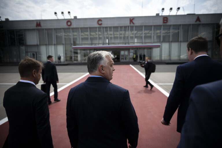 In this picture provided by the Hungarian Prime Minister's Press Office, Hungarian Prime Minister Viktor Orban, center, arrives in Moscow, Russia, Friday, July 5, 2024. Orbán has arrived in Moscow for talks with Russian President Vladimir Putin, Orbán's press chief said Friday, a rare visit to Russia by a European leader since it invaded Ukraine more than two years ago. (Vivien Cher Benko/Hungarian PM's Press Office/MTI via AP)