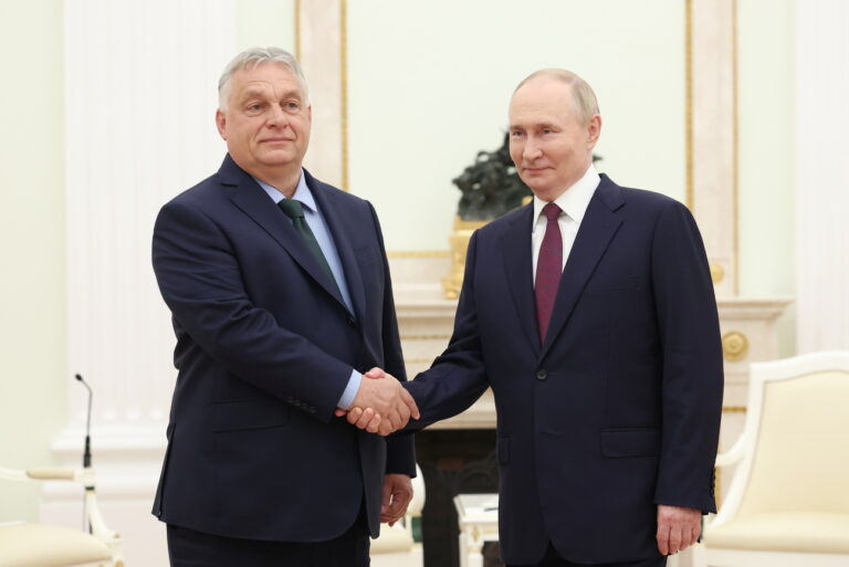 epa11458764 Russian President Vladimir Putin (R) shakes hands with Hungarian Prime Minister Viktor Orban (L) during a meeting at the Kremlin, in Moscow, Russia, 05 July 2024. Orban arrived in Moscow on a one-day working visit. EPA/VALERIY SHARIFULIN/SPUTNIK/KREMLIN / POOL MANDATORY CREDIT
