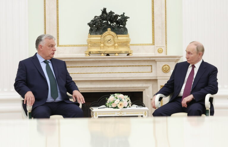 epa11458799 Russian President Vladimir Putin (R) speaks with Hungarian Prime Minister Viktor Orban (L) during a meeting at the Kremlin, in Moscow, Russia, 05 July 2024. Orban arrived in Moscow on a one-day working visit. EPA/VALERIY SHARIFULIN/SPUTNIK/KREMLIN / POOL MANDATORY CREDIT