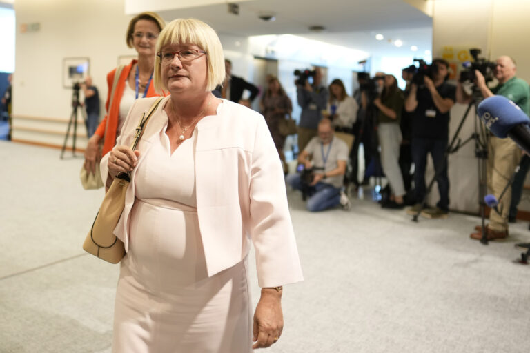 Hungarian politician Kinga Gal arrives for a meeting at the European Parliament in Brussels, Monday, July 8, 2024. Senior officials of right-wing parties from Hungary and France met with allies from Austria, Belgium, the Czech Republic, the Netherlands, Portugal and Spain to discuss the formation of a new political group in the European Parliament, the Patriots of Europe. (AP Photo/Virginia Mayo)