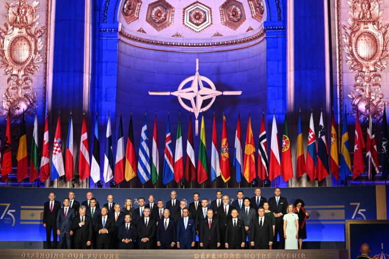 epa11469776 Leaders of NATO member countries and NATO Secretary General Jens Stoltenberg gather for a group photo at the NATO 75th Anniversary ceremony at the Mellon Auditorium in Washington, DC, USA, 09 July 2024. The 75th Anniversary NATO Summit is taking place in Washington, DC from 09 to 11 July 2024. EPA/Radek Pietruszka POLAND OUT