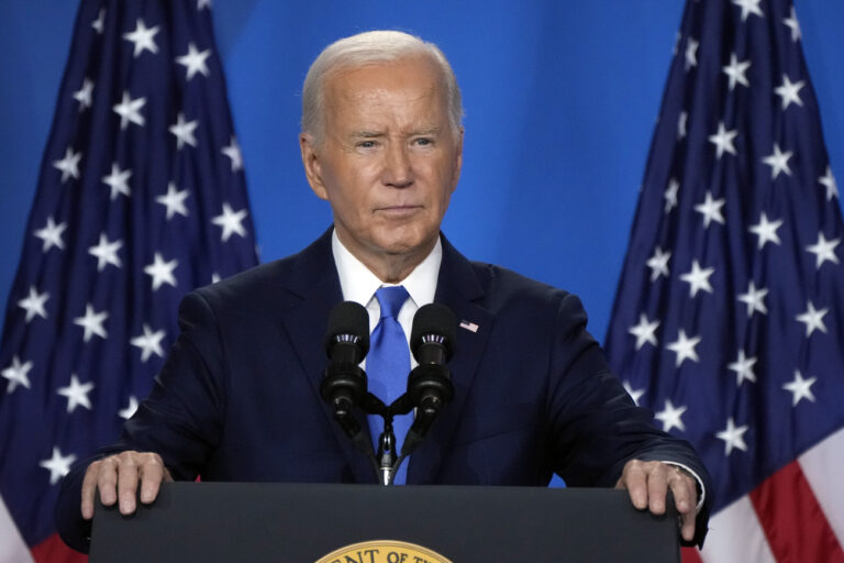 President Joe Biden listens to a question from a reporter as he speaks at a news conference Thursday July 11, 2024, on the final day of the NATO summit in Washington. (AP Photo/Jacquelyn Martin)