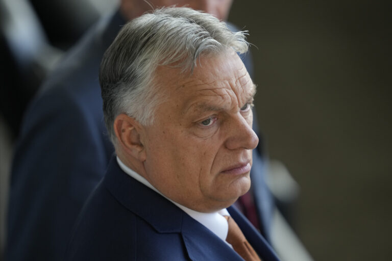 Viktor Orban, Prime Minister of Hungary, attends the final match between England and Spain at the Euro 2024 soccer tournament in Berlin, Germany, Sunday, July 14, 2024. (AP Photo/Thanassis Stavrakis)