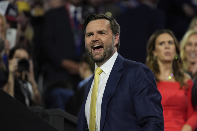 Republican vice presidential candidate Sen. JD Vance, R-Ohio is introduced during the Republican National Convention Tuesday, July 16, 2024, in Milwaukee. (AP Photo/Paul Sancya)