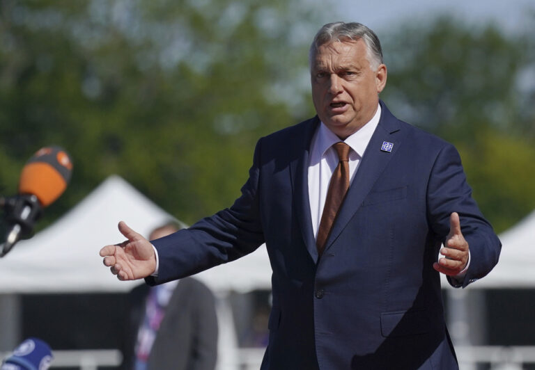 Prime Minister of Hungary Viktor Orban speaks to the media as he arrives to attend the European Political Community summit at Blenheim Palace in Woodstock, Oxfordshire, England, Thursday July 18, 2024. (Jacob King/Pool Photo via AP)