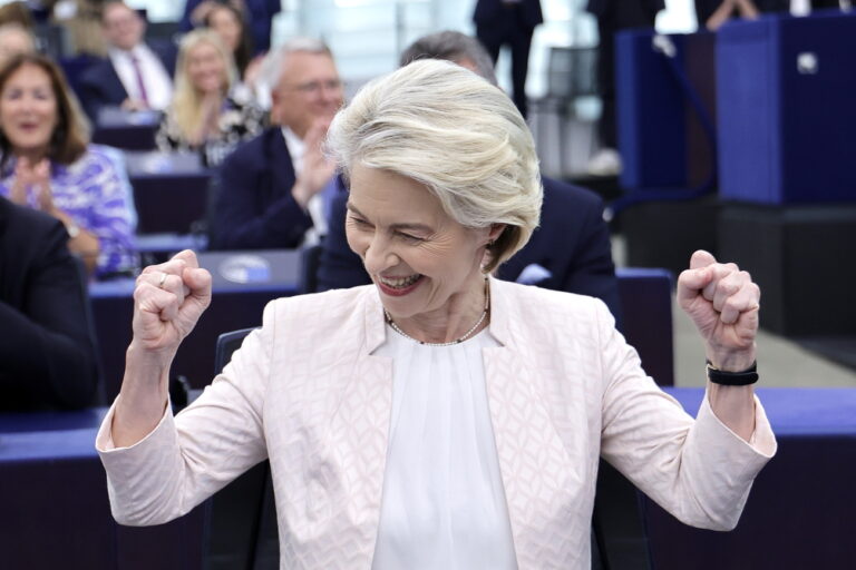 epa11485343 Ursula von der Leyen reacts after being re-elected as European Commission President during a plenary session of the European Parliament in Strasbourg, France, 18 July 2024. MEPs re-elected Von der Leyen as European Commission President for the next five years. EPA/RONALD WITTEK