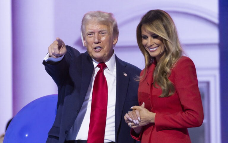 epa11486922 Republican presidential nominee Donald J. Trump (L) and Melania Trump (R) react on stage at the end of the Republican National Convention (RNC) at Fiserv Forum in Milwaukee, Wisconsin, USA, 19 July 2024. The convention comes days after a 20-year-old Pennsylvania man attempted to assassinate former president and current Republican presidential nominee Donald Trump. The 2024 Republican National Convention is being held from 15 to 18 July, in which delegates of the United States' Republican Party select the party's nominees for president and vice president in the 2024 United States presidential election. EPA/JUSTIN LANE EPA-EFE/JUSTIN LANE