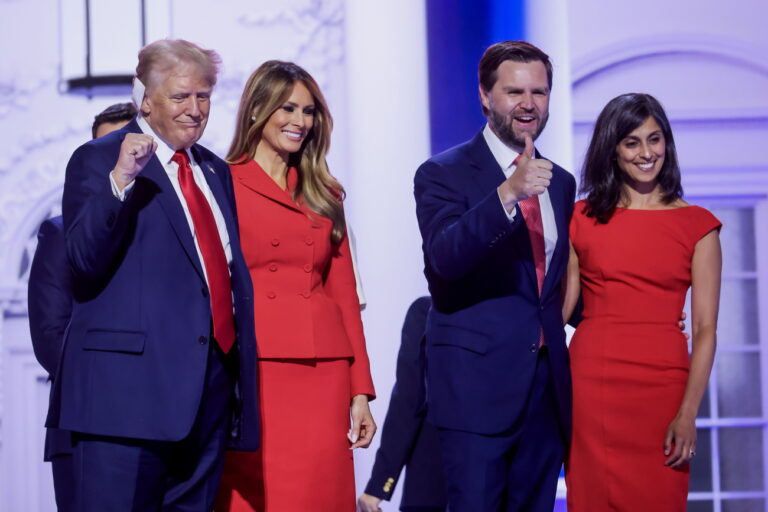 epa11486935 Republican presidential nominee Donald J. Trump (L) with his wife Melania (2-L), his vice presidential running mate Senator JD Vance (2-R) and his wife Usha (R), react on stage on the final day of the Republican National Convention (RNC) at Fiserv Forum in Milwaukee, Wisconsin, USA, 18 July 2024. The convention comes days after a 20-year-old Pennsylvania man attempted to assassinate former president and current Republican presidential nominee Donald Trump. The 2024 Republican National Convention is being held from 15 to 18 July, in which delegates of the United States' Republican Party select the party's nominees for president and vice president in the 2024 United States presidential election. EPA/JUSTIN LANE EPA-EFE/JUSTIN LANE