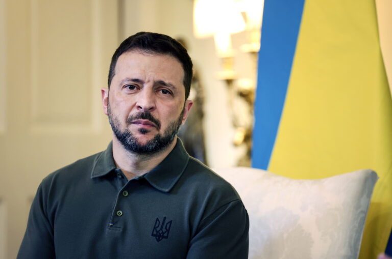 epa11487112 Ukrainian President Volodymyr Zelensky attends talks with British Prime Minister Keir Starmer (not pictured) at 10 Downing Street in London, Britain, 19 July 2024. Zelensky is the first foreign leader to address the British Cabinet on 19 July, since former US President Bill Clinton in 1997. EPA/ANDY RAIN / POOL