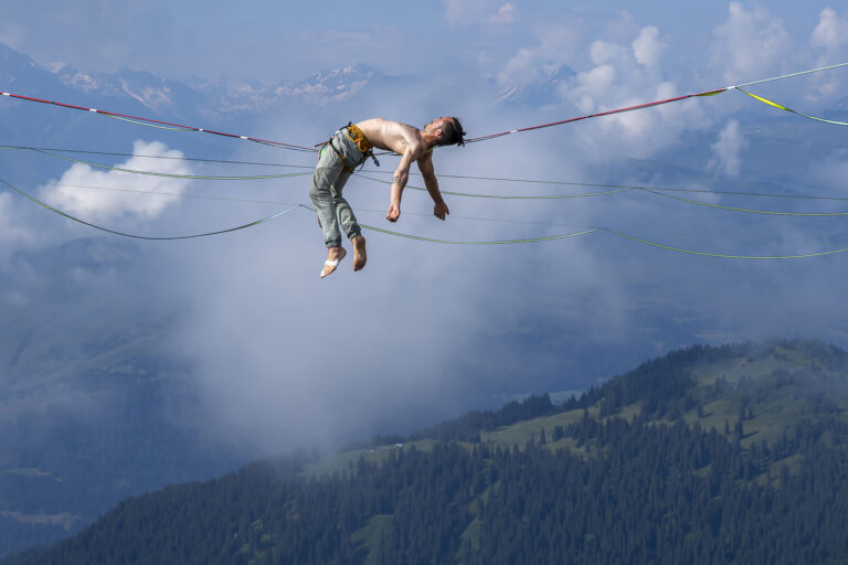 Clement Droy (France) during the warm up at the Highline World Championships on Friday, 17 July 2024, on the summit of Crap Sogn Gion in Laax, Switzerland. (KEYSTONE/Yanik Buerkli)