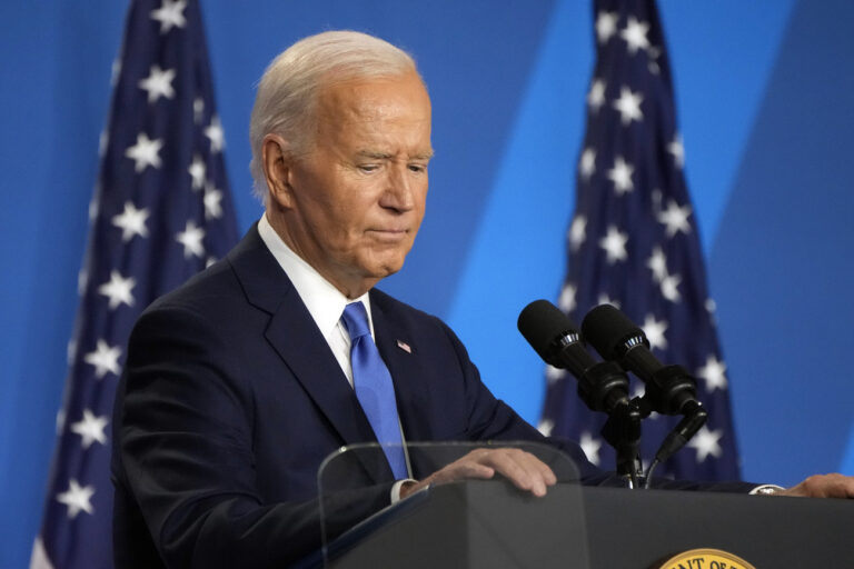 FILE - President Joe Biden pauses as he speaks at a news conference Thursday July 11, 2024, on the final day of the NATO summit in Washington. Biden dropped out of the 2024 race for the White House on Sunday, July 21, ending his bid for reelection following a disastrous debate with Donald Trump that raised doubts about his fitness for office just four months before the election. (AP Photo/Jacquelyn Martin, File).Joe Biden