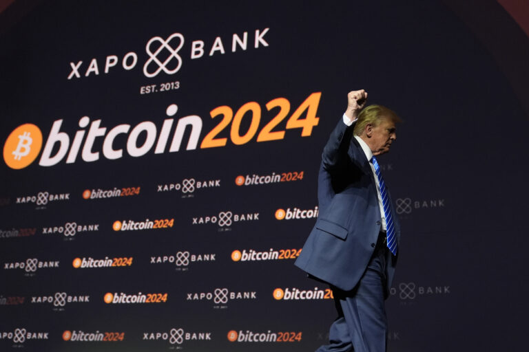 Republican presidential candidate former President Donald Trump departs after speaking at the Bitcoin 2024 conference, Saturday, July 27, 2024, in Nashville, Tenn. (AP Photo/Alex Brandon)