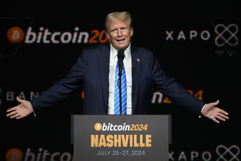 Republican presidential candidate former President Donald Trump speaks at the Bitcoin 2024 Conference Saturday, July 27, 2024, in Nashville, Tenn. (AP Photo/Mark Humphrey)