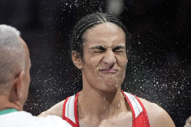 Algeria's Imane Khelif before fighting Hungary's Anna Hamori in their women's 66kg quarterfinal boxing match at the 2024 Summer Olympics, Saturday, Aug. 3, 2024, in Paris, France. (AP Photo/John Locher)