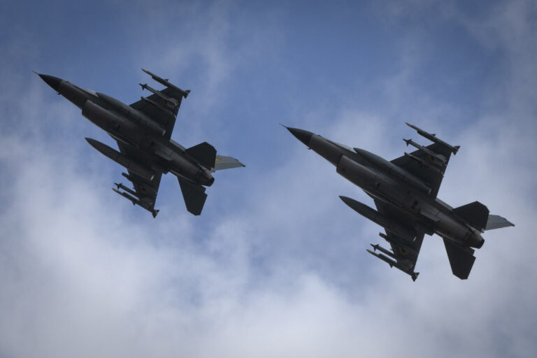 The Ukrainian Air Force's F-16 fighter jets fly in an undisclosed location in Ukraine, Sunday, Aug. 4, 2024. The F-16 fighter jets that have been delivered to Ukraine by Western countries will be flying sorties in Ukrainian skies and helping the country's current fleet of Soviet-era jets to counter Russia's invasion. (AP Photo/Efrem Lukatsky)