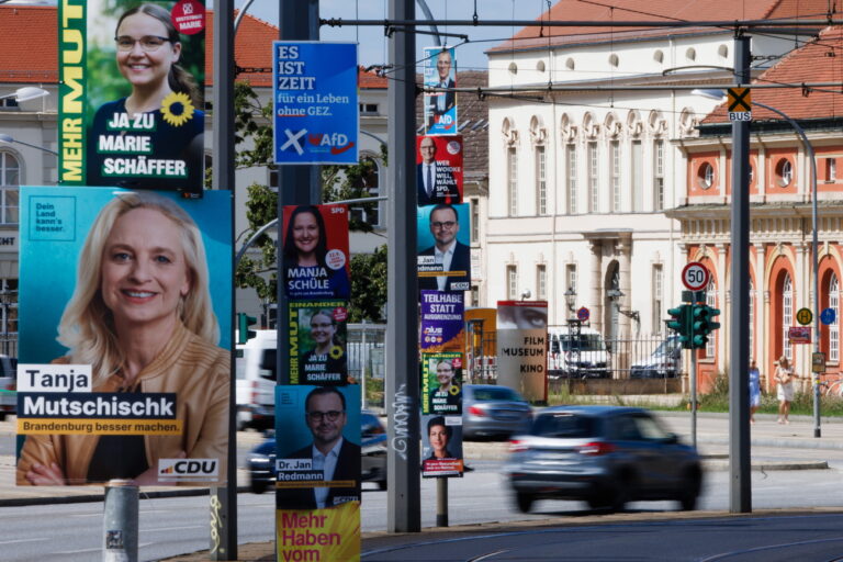 epa11531482 Campaigning posters of various german parties, among them Christian Democratic Union (CDU), The Greens (Buendnis 90/Die Gruenen), Social Democratic Party (SPD), Sahra Wagenknecht Alliance (BSW), Free Democratic Party (FDP9 and Alternative for Germany (AfD) hang on light posts in Potsdam, Germany, 06 August 2024. The regional state parliament election in Brandenburg takes place on 22 September 2024. EPA/CLEMENS BILAN