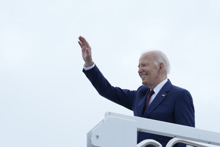 President Joe Biden waves from the top of the steps of Air Force One at Joint Base Andrews, Md., Thursday, Aug. 8, 2024, on his way to Wilmington, Del., to visit with his campaign staff. (AP Photo/Susan Walsh).Joe Biden