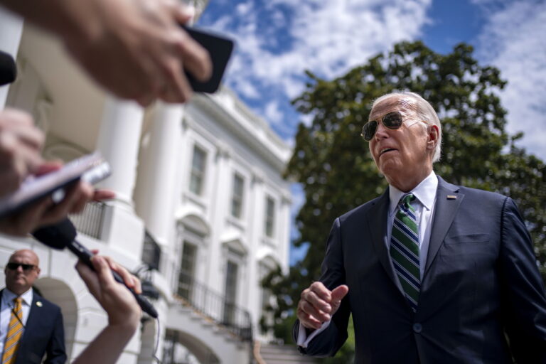 epa11547876 US President Joe Biden (R) speaks to the press before departing the White House in Washington, DC, USA, 13 August 2024. President Biden is traveling to New Orleans, Louisiana, to deliver remarks at a Biden Cancer Moonshot event. EPA/BONNIE CASH / POOL