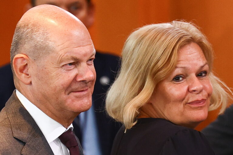 epa11557629 German Chancellor Olaf Scholz (L) and German Interior Minister Nancy Faeser attend the weekly cabinet meeting of the German government at the Chancellery, in Berlin, Germany, 21 August 2024. EPA/Filip Singer