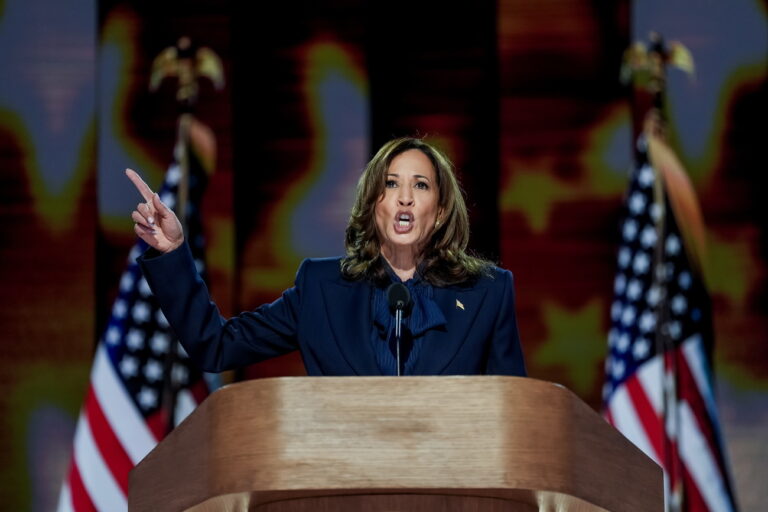 epaselect epa11561025 Democratic presidential nominee and US Vice President Kamala Harris speaks during the final night of the Democratic National Convention (DNC) at the United Center in Chicago, Illinois, USA, 22 August, 2024. The 2024 Democratic National Convention is being held from 19 to 22 August 2024, during which delegates of the United States' Democratic Party will vote on the party's platform and ceremonially vote for the party's nominee for president, Vice President Kamala Harris, and for vice president, Governor Tim Walz of Minnesota, for the upcoming presidential election. EPA/WILL OLIVER