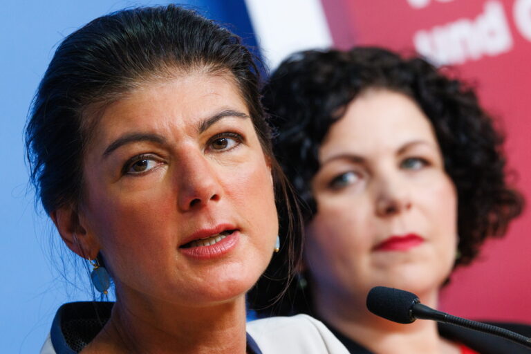 epa11580005 Sahra Wagenknecht Alliance (BSW) co-chairwoman Sahra Wagenknecht (L) speaks next to Sahra Wagenknecht Alliance (BSW) co-chairwoman Amira Mohamed Ali during a press conference at the convention center of the Federal Press Conference (Bundespressekonferenz) in Berlin, Germany, 02 September 2024. The far-right Alternative for Germany (AfD) has taken first place in the state elections in Thuringia and is only just behind the CDU in second place in Saxony. Never since 1945 has a party classified as far-right been number one in an election. It is likely to be difficult to form a stable government in both federal states: The AfD is claiming to be in government, but the other parties are rejecting a coalition with it. EPA/CLEMENS BILAN