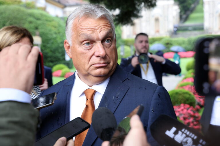 epa11588958 Hungarian Prime Minister Viktor Orban talks to journalists as he arrives to attend the first day of the 50th Ambrosetti Forum in Cernobbio, northern Italy, 06 September 2024. The international economic conference runs under the theme 'Intelligence on the World, Europe, and Italy' from 06 to 08 September 2024. The annual forum sees the participation of heads of state and government, EU institutions representatives, ministers, Nobel prize winners and businessmen from around the world to discuss current issues that have a major impact on the global economy and society. EPA/MATTEO BAZZI