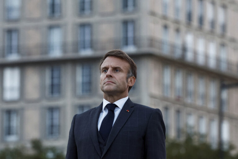 France's President Emmanuel Macron attends a ceremony commemorating the 80th anniversary of the liberation of the port city of Le Havre, western France, Thursday, Sept. 12, 2024. (Benoit Tessier, Pool photo via AP)