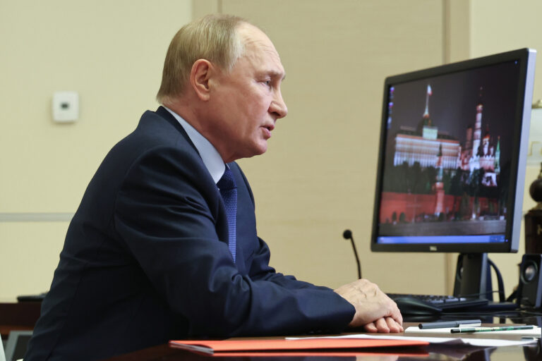 Russian President Vladimir Putin chairs a meeting with members of the Security Council via videoconference at the Novo-Ogaryovo state residence, outside Moscow, Russia, Friday, Sept. 13, 2024. (Alexander Kazakov, Sputnik, Kremlin Pool Photo via AP)