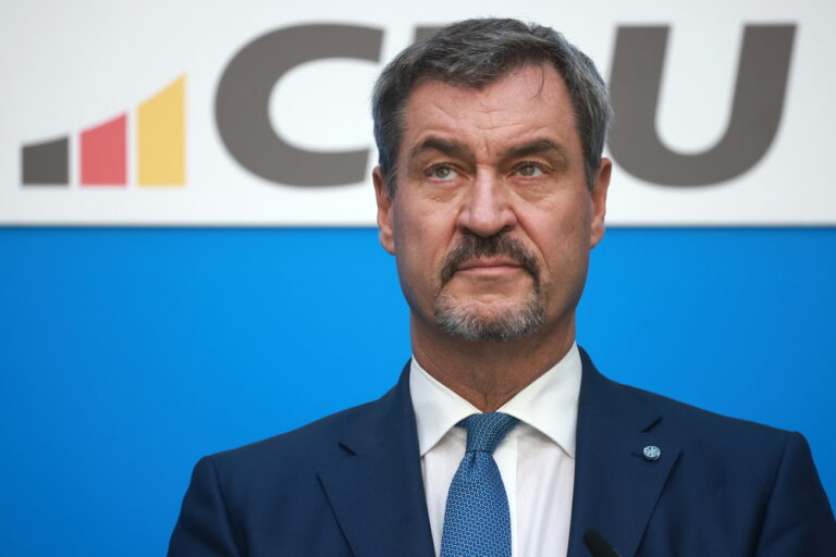 epa11609337 State Premier of Bavaria and Christian Social Union (CSU) chairman, Markus Soeder, looks on duringa press conference with Chairman of the Christian Democratic Union (CDU) party and head of its parliamentary group, Friedrich Merz, at the Bavaria regional state representation in Berlin, Germany, 17 September 2024. Friedrich Merz will be the conservative candidate running against current German Chancellor Olaf Scholz in the 2025 national elections, both party leaders announced. EPA/CLEMENS BILAN