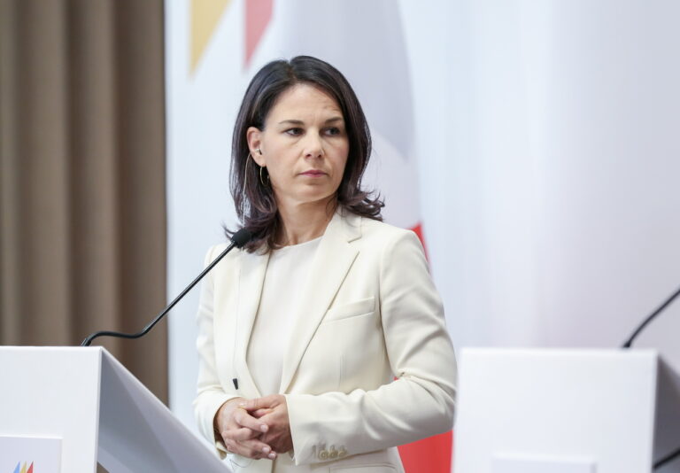 epa11610300 German Foreign Minister Annalena Baerbock speaks at a joint press conference with Moldova's Minister of Foreign Affairs Mihai Popsoi, and Romanian Foreign Minister Luminita Odobescu, after the Ministerial Conference of the Partnership Platform for the Republic of Moldova 2024, at the Palace of the Republic in Chisinau, Moldova, 17 September 2024. The Partnership Platform is an initiative aimed at strengthening international support for the Republic of Moldova in its democratic reform process and overall development. EPA/STR