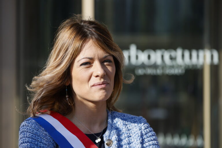 epa11613662 French socialist Member of Parliament (MP) for the Renaissance party Maud Bregeon looks on as she visits the 'Nanterre Arboretum', an office campus entirely made from wood in Nanterre near Paris, France, 19 September 2024. The campus features 126,000 square meters of office space set in nine hectares of riverside parkland, making it the largest solid wood campus in Europe. EPA/LUDOVIC MARIN MAXPPP OUT