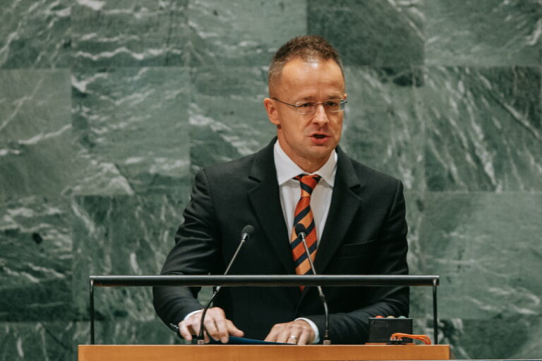 epa11625158 Hungarian Minister for Foreign Affairs Péter Szijjártó speaks during the General Debate of the 79th session of the United Nations General Assembly at United Nations Headquarters in New York, New York, USA, 25 September 2024. EPA/Olga Fedorova