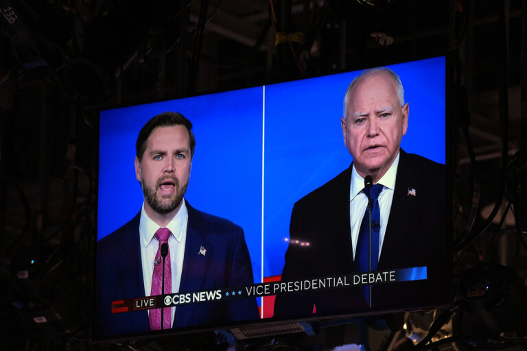 AS seen on a monitor in the studio, Republican vice presidential nominee Sen. JD Vance, R-Ohio, speaks during a vice presidential debate hosted by CBS News, with Democratic vice presidential candidate Minnesota Gov. Tim Walz, Tuesday, Oct. 1, 2024, in New York. (AP Photo/Matt Rourke)