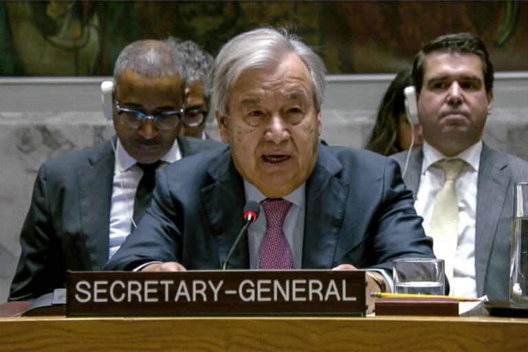 United Nations Secretary General António Guterres speaks during a Security Council meeting, Wednesday, Oct. 2, 2024, at UN headquarters. (UNTV via AP)