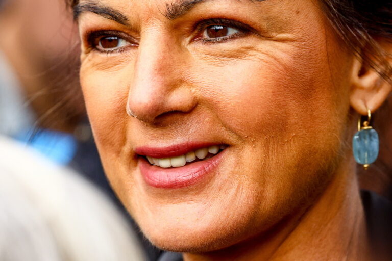 epa11639812 Sahra Wagenknecht, leader of the left-wing Alliance (BSW) party attends the 'NO to Wars' demonstration at the Unity Day commemorations in Berlin, Germany, 03 October 2024. German Unity Day is celebrated annually on 03 October to commemorate the reunification of East and West Germany in 1990. EPA/FILIP SINGER