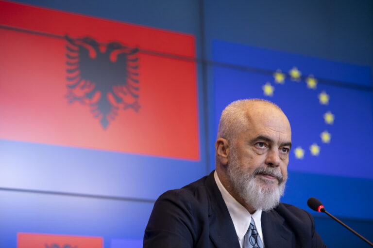 Albanian Prime Minister Edi Rama attends a press conference following the second intergovernmental EU-Albania conference in Luxembourg city in Luxembourg, Tuesday, Oct. 15, 2024, during the Hungarian Presidency of the Council of the European Union. (Boglarka Bodnar/MTI via AP)