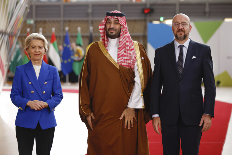 European Council President Charles Michel, right, and European Commission President Ursula von der Leyen, left, welcome Saudi Arabia's Prime Minister and Crown Prince Mohammed bin Salman bin Abdulaziz Al Saud during an EU-Gulf Cooperation Council meeting at the European Council building in Brussels, Belgium, Wednesday, Oct. 16, 2024. (Johanna Geron, Pool Photo via AP)