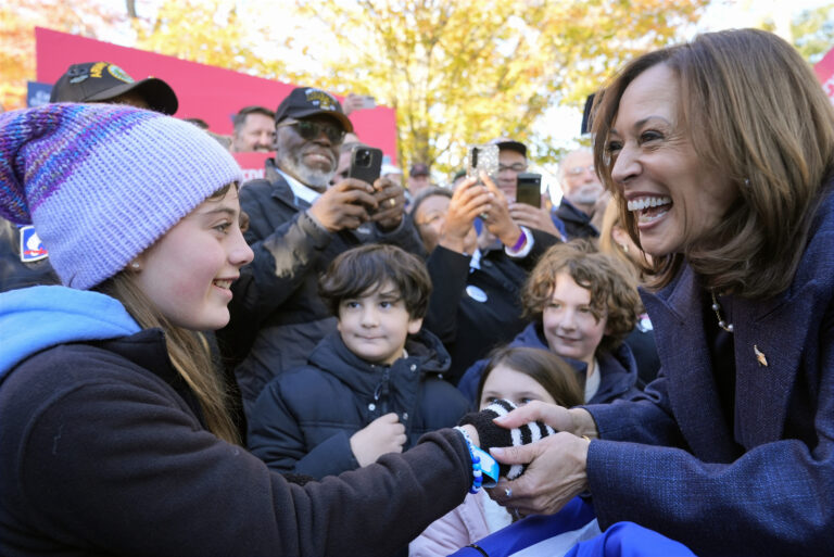 Democratic presidential nominee Vice President Kamala Harris greets people at a campaign event at Washington Crossing Historic Park, Wednesday, Oct. 16, 2024, in Washington Crossing, Pa. (AP Photo/Jacquelyn Martin).Kamala Harris