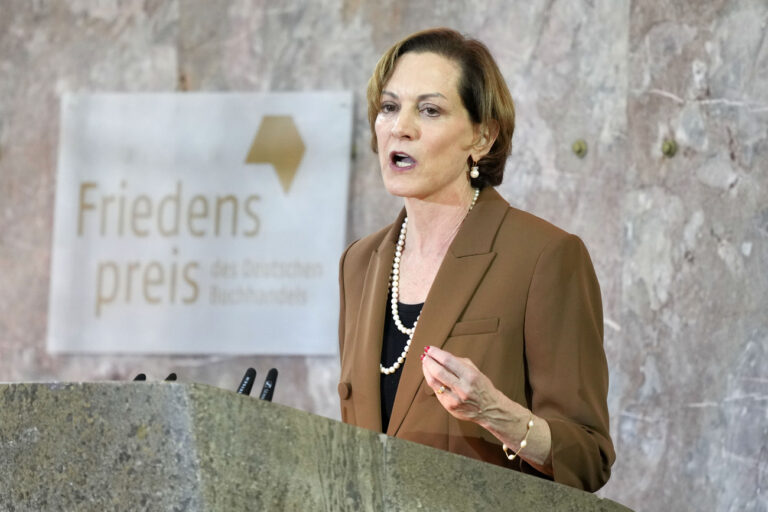 American journalist and historian Anne Applebaum delivers a speech after she was awarded the Peace Prize of the German Publishers and Booksellers Association during a ceremony at the St. Paul's Church in Frankfurt, Germany, Sunday, Oct. 20, 2024.(AP Photo/Martin Meissner, Pool)