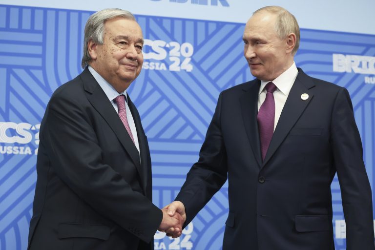 United Nations Secretary-General Antonio Guterres and Russian President Vladimir Putin shake hands during a meeting on the sidelines of the BRICS Summit in Kazan, Russia, Thursday, Oct. 24, 2024. (Alexander Kazakov, Sputnik, Kremlin Pool Photo via AP)