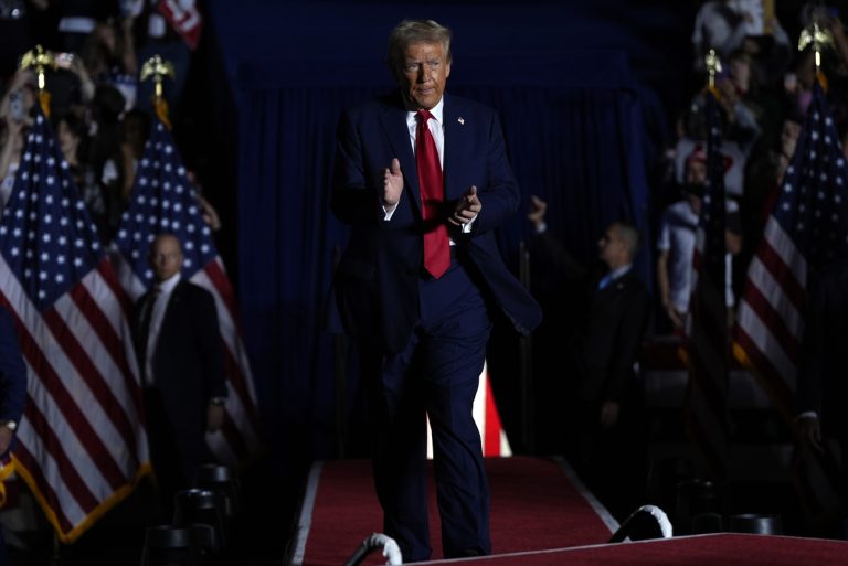 Republican presidential nominee former President Donald Trump arrives at a campaign rally at McCamish Pavilion Monday, Oct. 28, 2024, in Atlanta, Ga. (AP Photo/Julia Demaree Nikhinson)