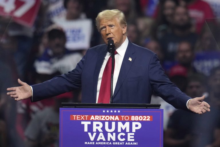 FILE - Republican presidential nominee former President Donald Trump speaks at a campaign rally, Aug. 23, 2024, in Glendale, Ariz. (AP Photo/Ross D. Franklin, File)