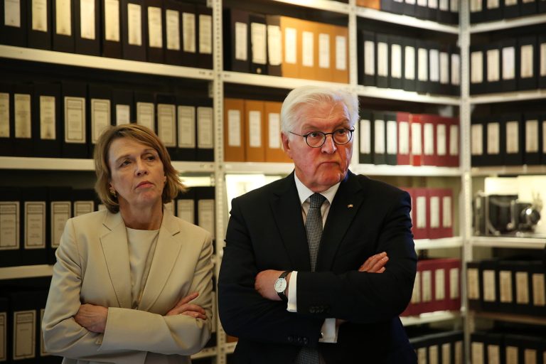 epa11692232 The President of Germany Frank-Walter Steinmeier (R), accompanied by his wife Elke Budenbender, takes a guided tour of the German Archaeological Institute at Athens, Greece, 30 October 2024. The President of Germany is on an official visit to Greece from 29 to 31 October 2024. EPA/ORESTIS PANAGIOTOU