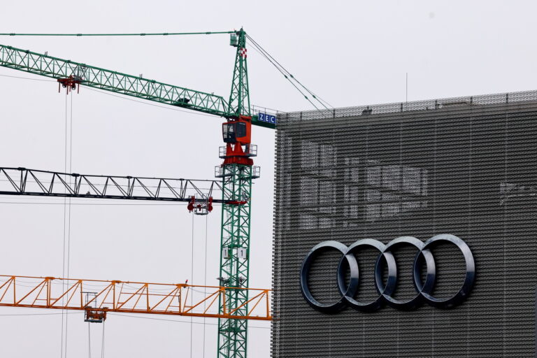 epa11696114 The logo of German automotive company Audi, at an Audi car dealer, in Berlin, Germany, 01 November 2024. According to a report by the German Association of the Automotive Industry (VDA), the shift of the German car industry to produce electric vehicles could cost around 186,000 jobs by 2035, of which a quarter have already been lost. EPA/FILIP SINGER