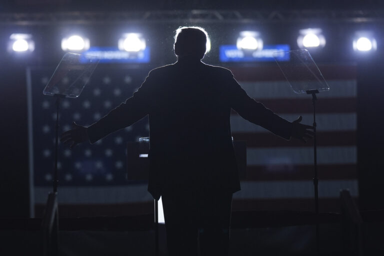 Republican presidential nominee former President Donald Trump speaks during a campaign rally at Santander Arena, Monday, Nov. 4, 2024, in Reading, Pa. (AP Photo/Evan Vucci)