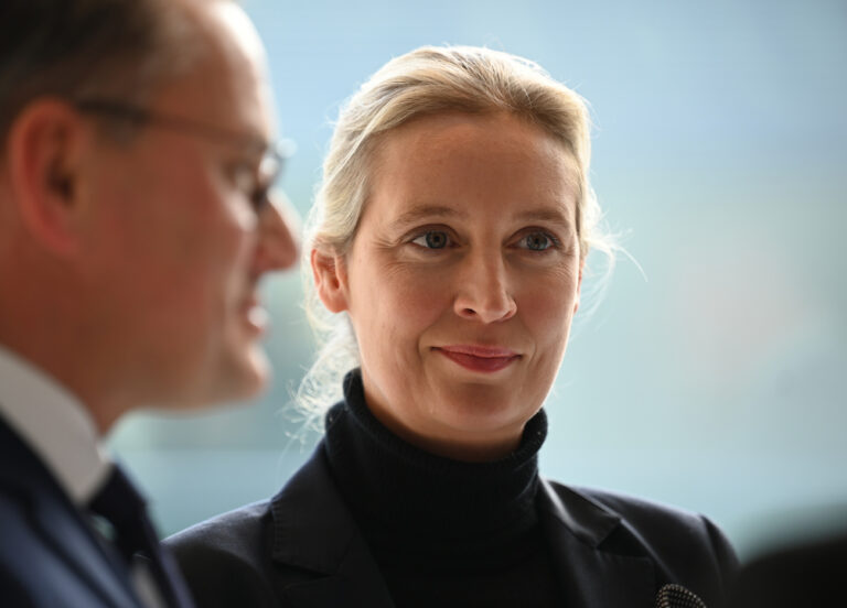 05.11.2024, Berlin: Alice Weidel, AfD-Bundesvorsitzende und Fraktionsvorsitzende der AfD, steht vor einem Pressestatement zu Beginn der Sitzung der Bundestagsfraktion neben dem Co-Vorsitzenden Tino Chrupalla. Foto: Alina Grünky/dpa +++ dpa-Bildfunk +++ (KEYSTONE/DPA/Alina Grünky)