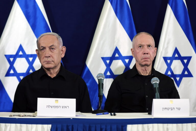 epa11703358 (FILE) - Israel's Prime Minister Benjamin Netanyahu (L) and Defense Minister Yoav Gallant (R) address a press conference at Kirya military base in Tel Aviv, Israel, 28 October 2023 (reissued 05 November 2024). Israeli Prime Minister Netanyahu announced on 05 November 2024, that he fired Defense Minister Yoav Gallant and appointed Minister Yisrael Katz to the position. 'I decided today to end the term of the Minister of Defense. In his place, I decided to appoint Minister Yisrael Katz to the position', Netanyahu said, citing a 'crisis of trust' between him and Gallant. EPA/ABIR SULTAN / POOL