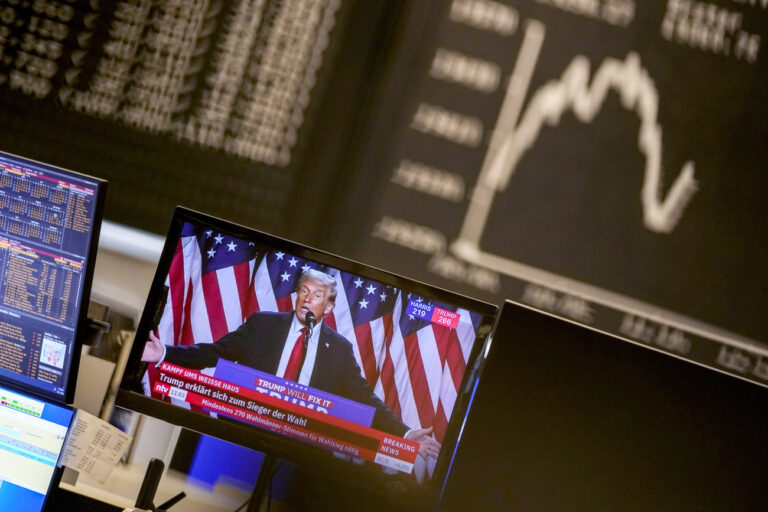 Donald Trump appears on a television screen at the stock market in Frankfurt, Germany, Wednesday, Nov. 6, 2024. (AP Photo/Michael Probst)