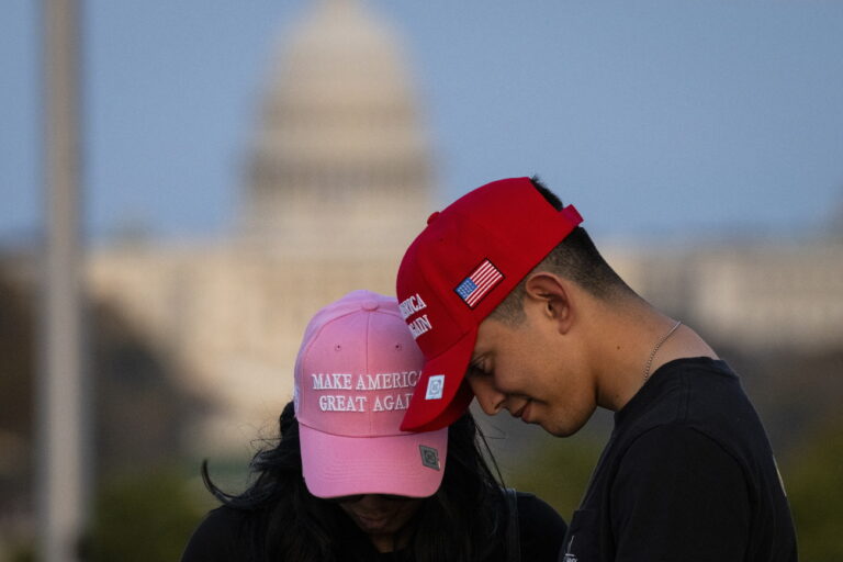 epaselect epa11706457 People wearing Make America Great Again hats on the National Mall are seen with the US Capitol Building in the background at dusk, in Washington, DC, USA, 06 November 2024. Republican presidential candidate Donald J. Trump was declared the winner of the 2024 US presidential election over Democratic presidential candidate US Vice President Kamala Harris. EPA/GRAEME SLOAN